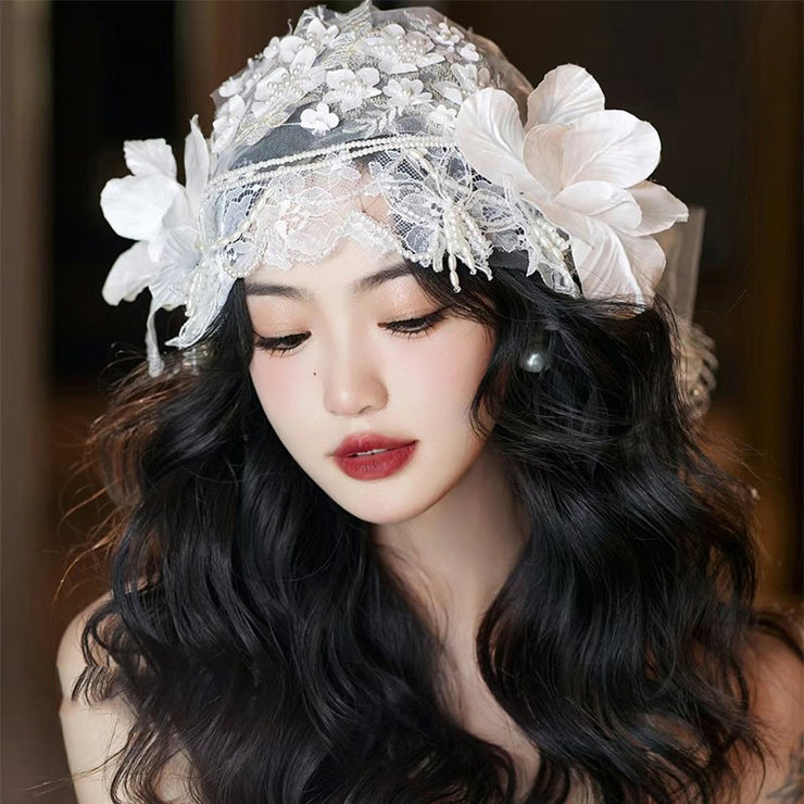 Beautiful White Lace Patchwork Pearl Floral Hat