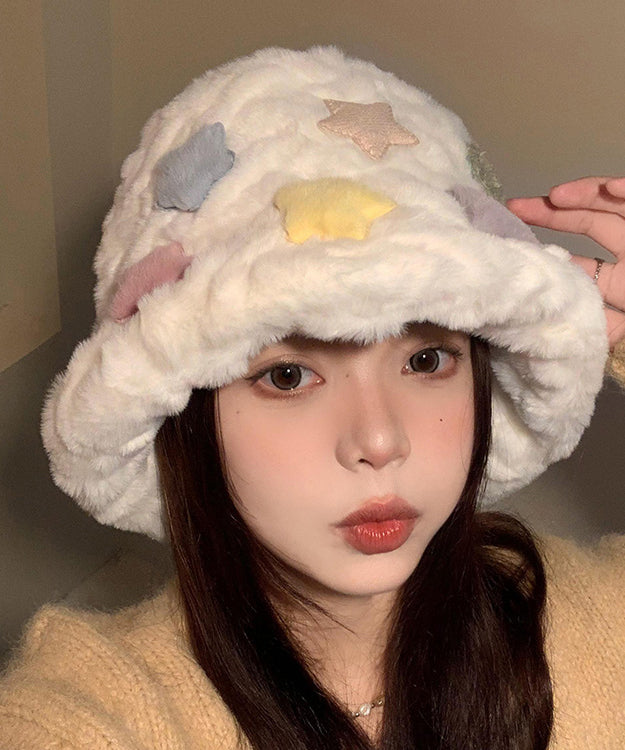 Beautiful White Patch Thick Warm Faux Fur Bucket Hat