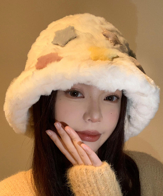 Beautiful White Patch Thick Warm Faux Fur Bucket Hat