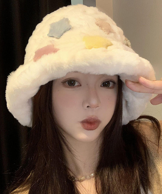 Beautiful White Patch Thick Warm Faux Fur Bucket Hat