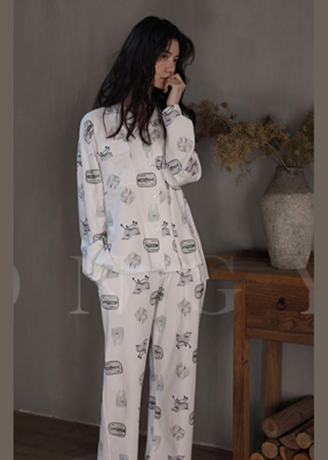 Beautiful White Peter Pan Collar Print Button Cotton Pajamas Two Pieces Set Spring