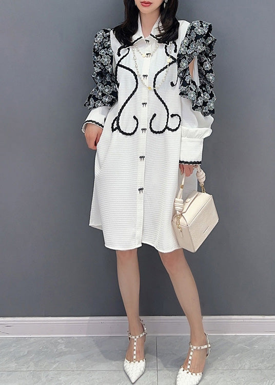 Beautiful White Peter Pan Collar Print Button Maxi Shirts Dresses Puff Sleeve