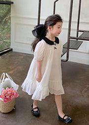 Beautiful White Peter Pan Collar Wrinkled Patchwork Cotton Kids Girls Dress Summer