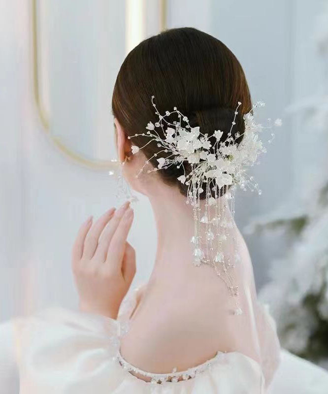 Beautiful White Plastics Patchwork Silk Inlaid Floral Tassel Hairpin