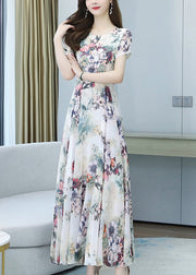 Beautiful White Print Exra Large Hem Chiffon Vacation Dresses Summer