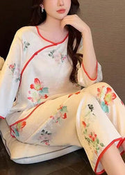 Beautiful White Print Tops And Crop Pants Ice Silk Pajamas Two-Piece Set Summer