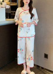 Beautiful White Print Tops And Crop Pants Ice Silk Pajamas Two-Piece Set Summer