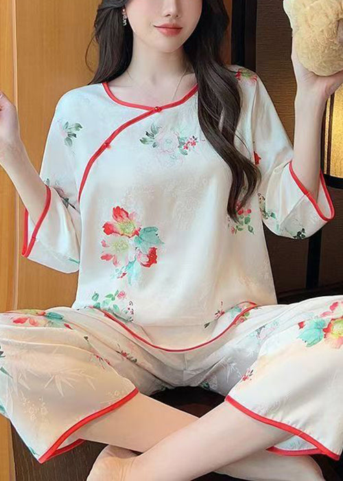 Beautiful White Print Tops And Crop Pants Ice Silk Pajamas Two-Piece Set Summer