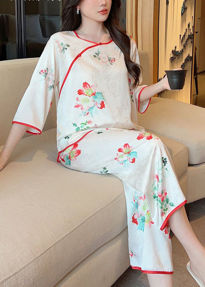 Beautiful White Print Tops And Crop Pants Ice Silk Pajamas Two-Piece Set Summer