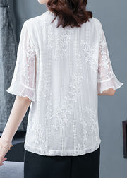 Beautiful White Ruffled Embroideried Patchwork Chiffon Blouse Tops Summer