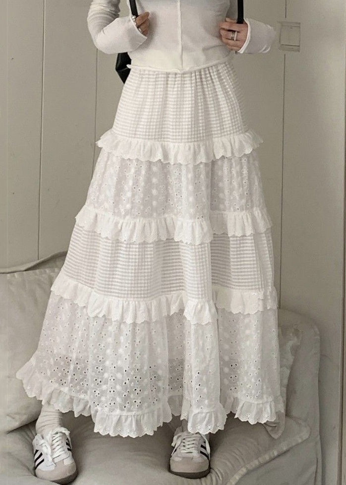 Beautiful White Ruffled Hollow Out Cotton Skirts Summer