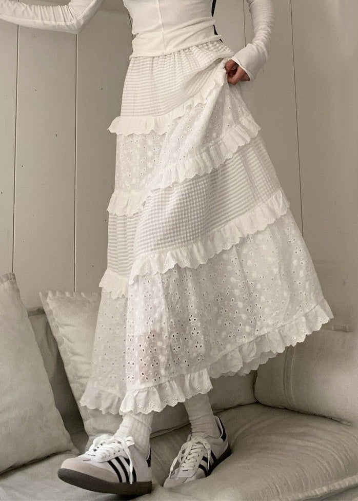 Beautiful White Ruffled Hollow Out Cotton Skirts Summer