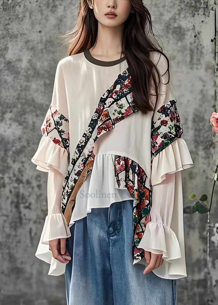 Beautiful White Ruffled Print Patchwork Cotton Top Long Sleeve