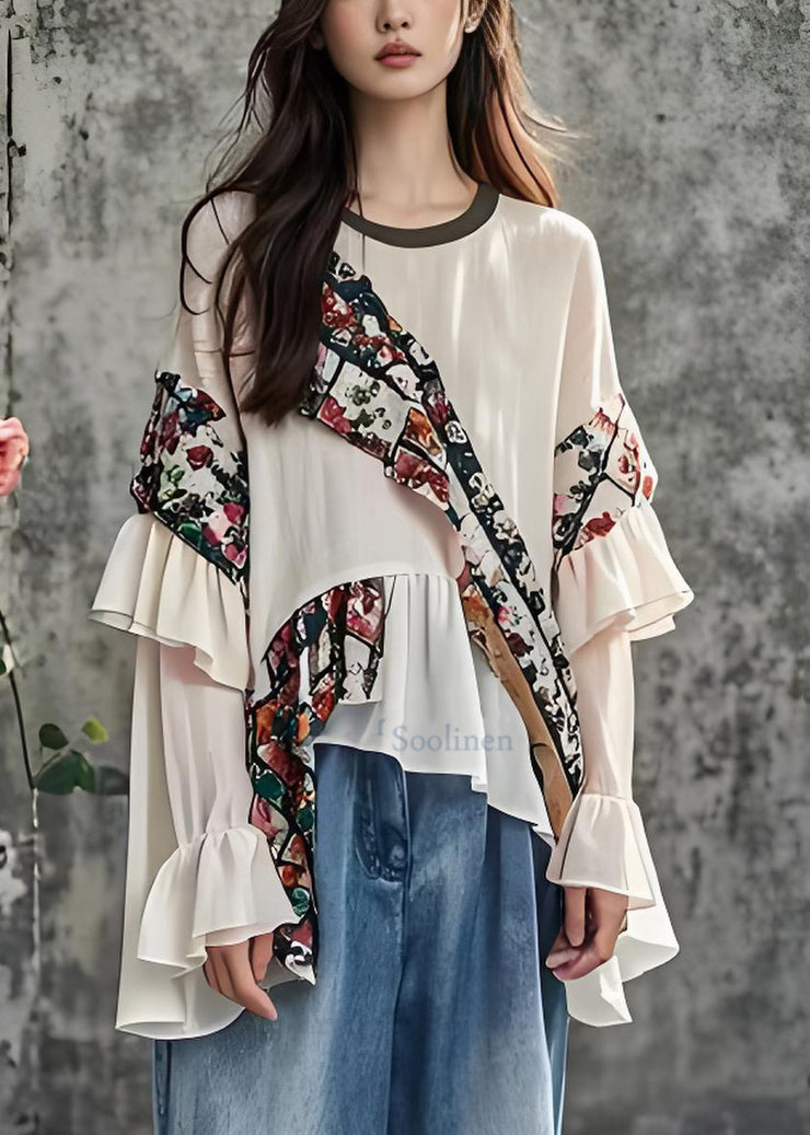 Beautiful White Ruffled Print Patchwork Cotton Top Long Sleeve