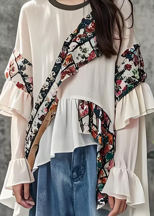 Beautiful White Ruffled Print Patchwork Cotton Top Long Sleeve