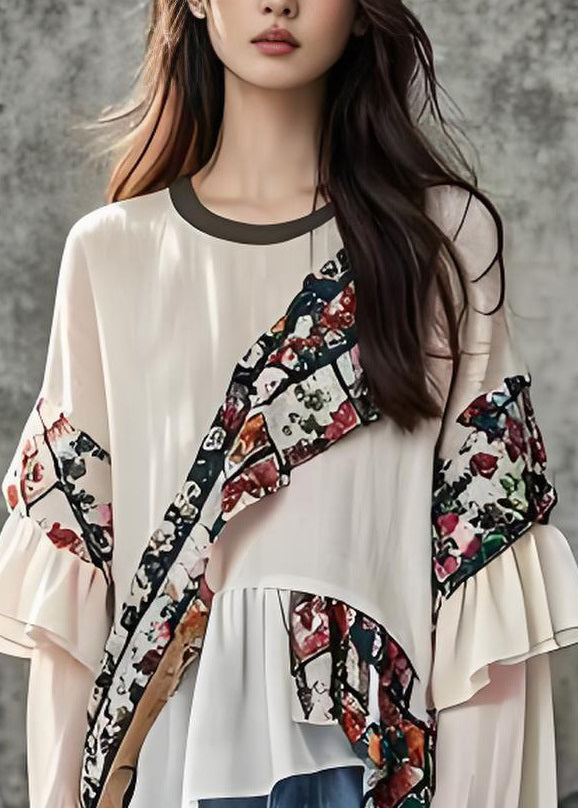 Beautiful White Ruffled Print Patchwork Cotton Top Long Sleeve