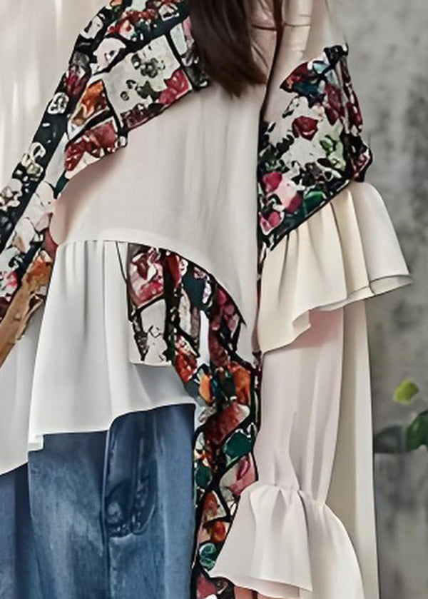 Beautiful White Ruffled Print Patchwork Cotton Top Long Sleeve