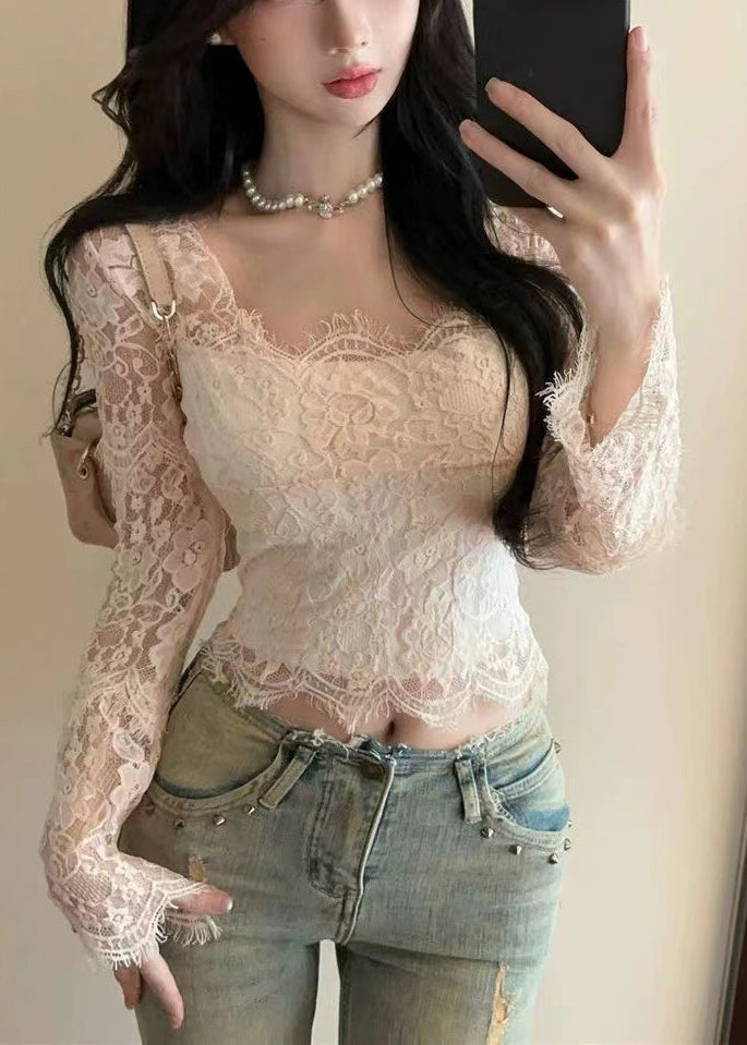 Beautiful White Square Collar Silm Fit Lace Tops Spring