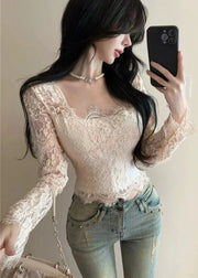 Beautiful White Square Collar Silm Fit Lace Tops Spring