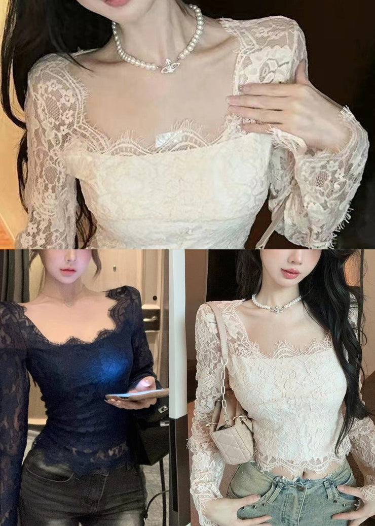 Beautiful White Square Collar Silm Fit Lace Tops Spring