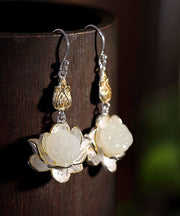 Beautiful White Sterling Silver Jade Lotus Drop Earrings