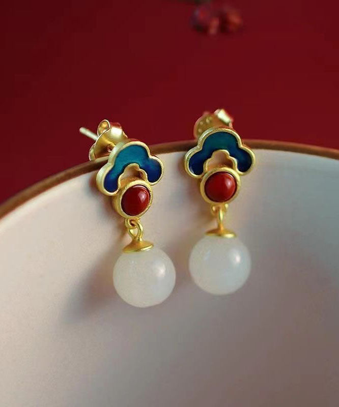 Beautiful White Sterling Silver Overgild Jade Agate Enamel Auspicious Cloud Drop Earrings