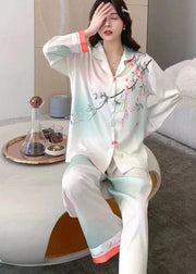 Beautiful White Turn-down Collar Print Draping Ice Silk Pajamas Two Piece Set Women Clothing Spring