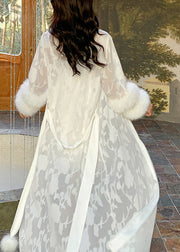 Beautiful White V Neck Embroideried Floral Ice Silk Long Robe Spring