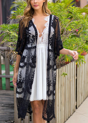 Beautiful White V-Neck Embroidery Floral Tulle Swimwear Beach Cardigans