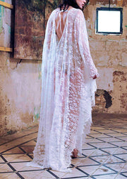 Beautiful White V Neck Lace Long Holiday Dress Batwing Sleeve