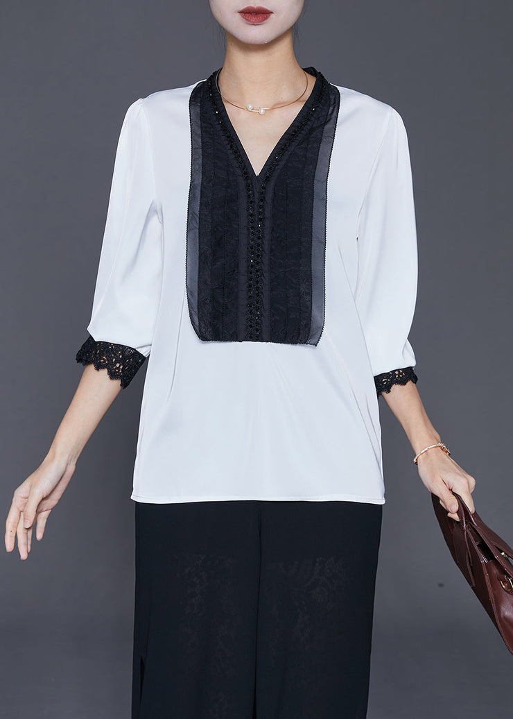 Beautiful White V Neck Patchwork Lace Silk Shirts Fall