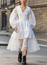 Beautiful White V Neck Patchwork Tulle Cotton Dress Puff Sleeve