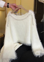 Beautiful White Zircon Cozy Knit Short Sweater Spring