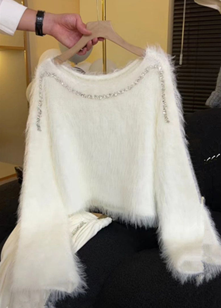 Beautiful White Zircon Cozy Knit Short Sweater Spring