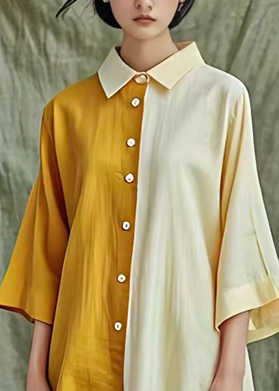 Beautiful Yellow Asymmetrical Patchwork Button Maxi Shirts Fall