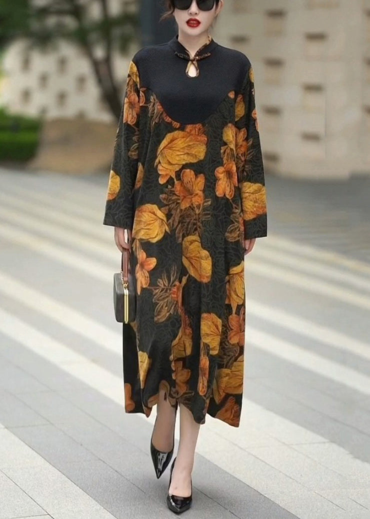 Beautiful Yellow Button Print Silk Long Dresses Spring