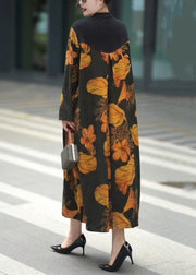 Beautiful Yellow Button Print Silk Long Dresses Fall