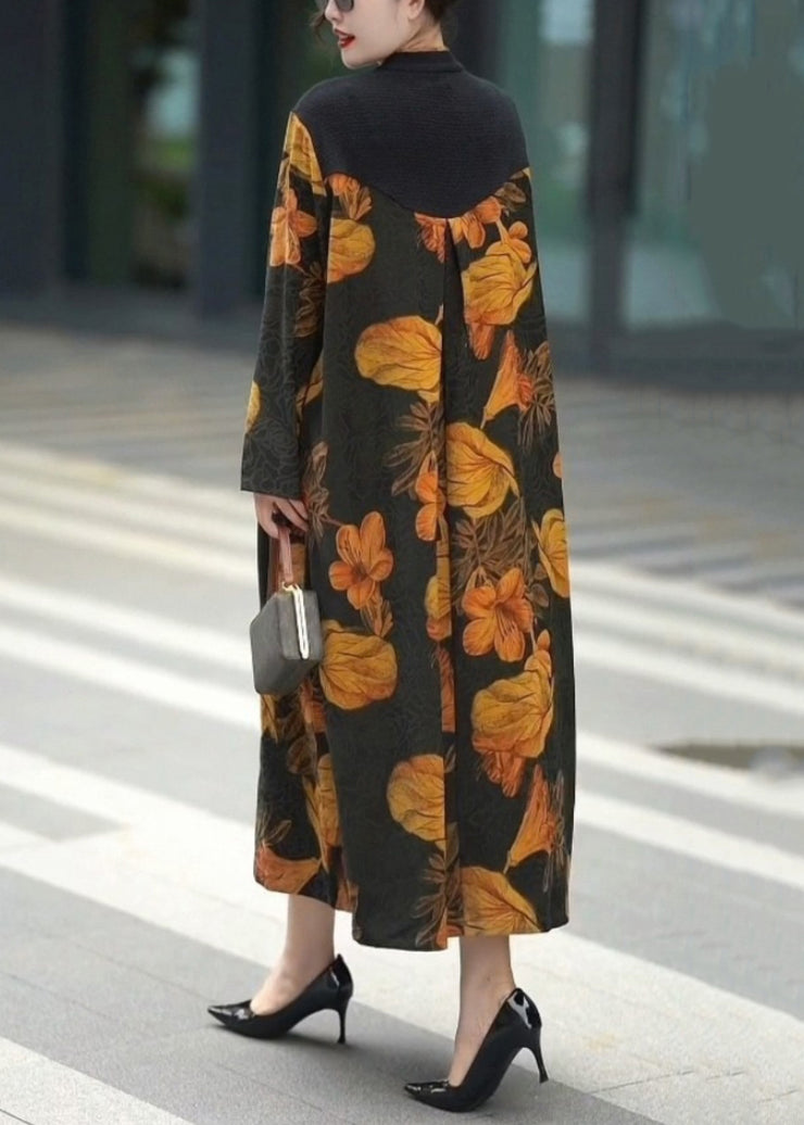 Beautiful Yellow Button Print Silk Long Dresses Spring