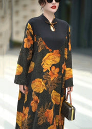 Beautiful Yellow Button Print Silk Long Dresses Fall