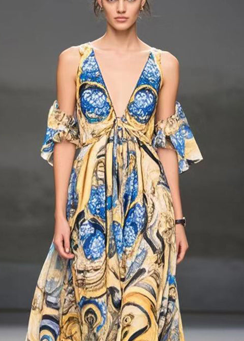 Beautiful Yellow Cold Shoulder Print Chiffon Dress Summer