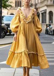 Beautiful Yellow Cold Shoulder Ruffled Party Dresses Lantern Sleeve