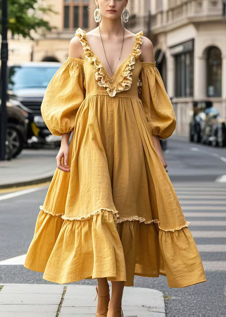 Beautiful Yellow Cold Shoulder Ruffled Party Dresses Lantern Sleeve