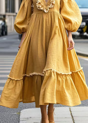 Beautiful Yellow Cold Shoulder Ruffled Party Dresses Lantern Sleeve