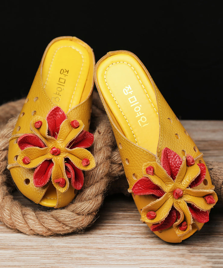 Beautiful Yellow Flower Hollow Out Cowhide Leather Flip Flops