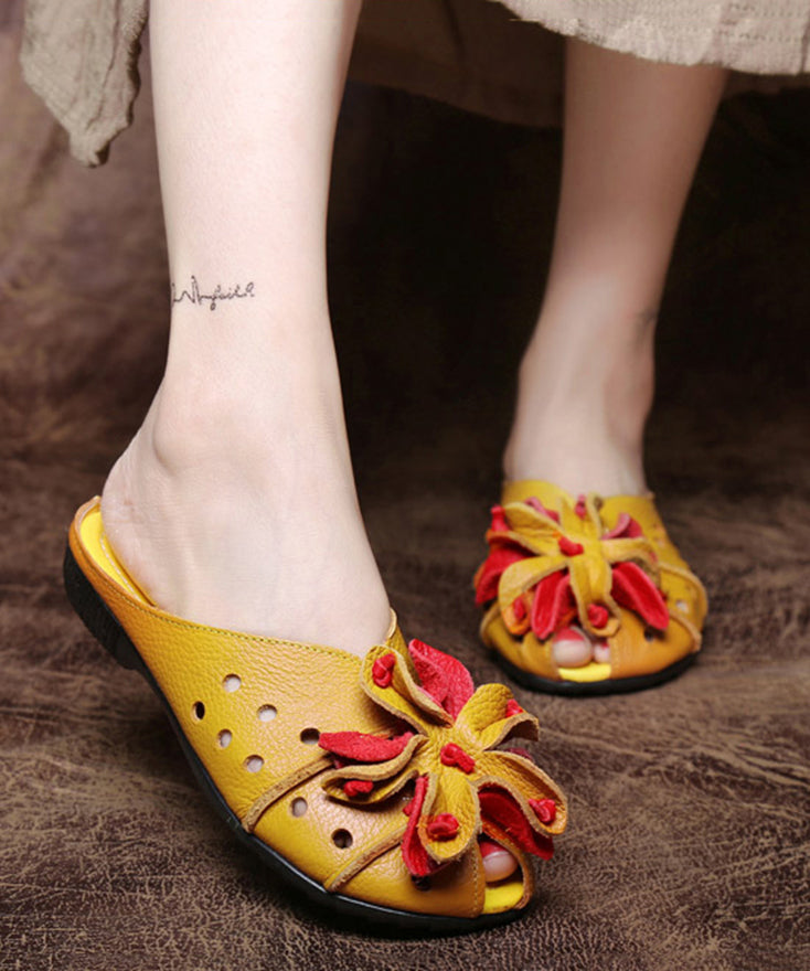 Beautiful Yellow Flower Hollow Out Cowhide Leather Flip Flops