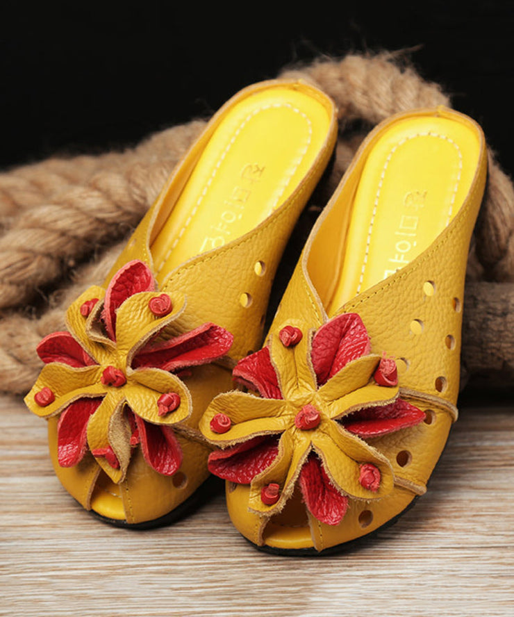 Beautiful Yellow Flower Hollow Out Cowhide Leather Flip Flops