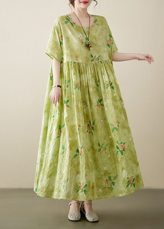 Beautiful Yellow Green Print Wrinkled Cotton Long Dress Summer