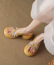 Beautiful Yellow Hollow Out Cowhide Leather Chunky Sandals