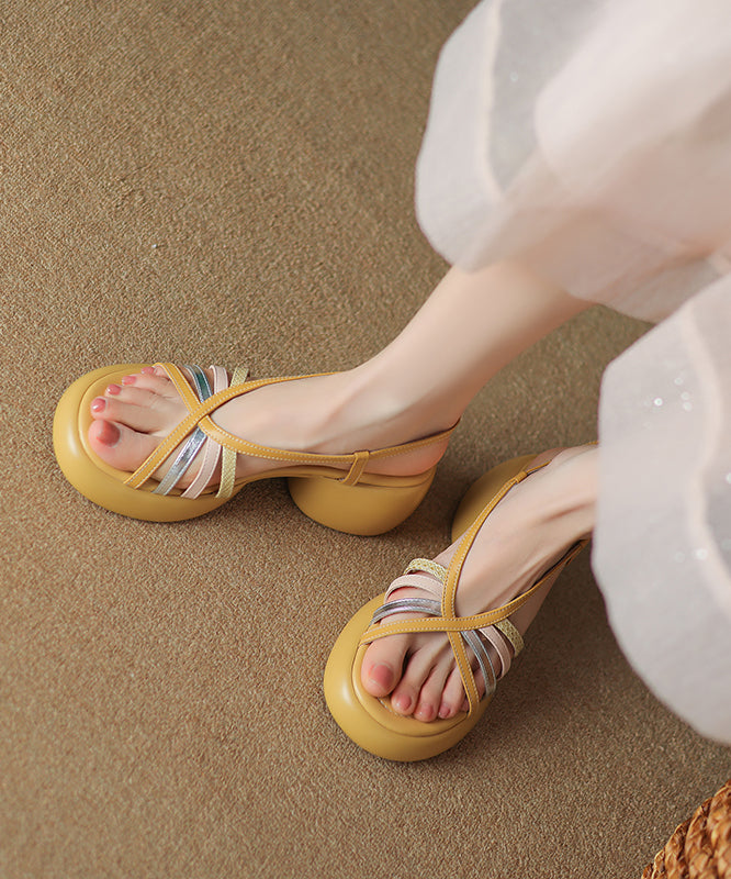 Beautiful Yellow Hollow Out Cowhide Leather Chunky Sandals