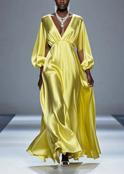 Beautiful Yellow Hollow Out Draping Silk Party Dresses Spring